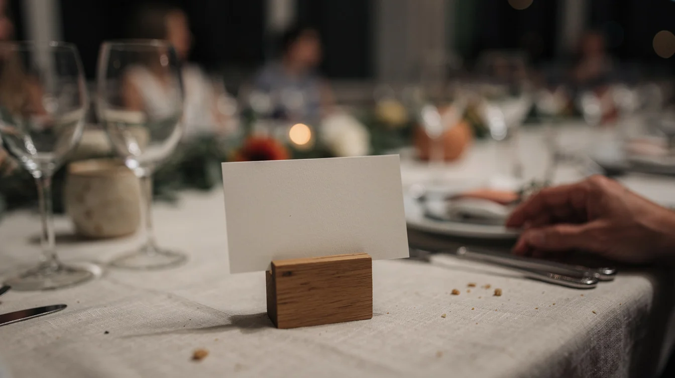 A small card sitting on a decorated wedding reception table beside glassware and floral arrangements.