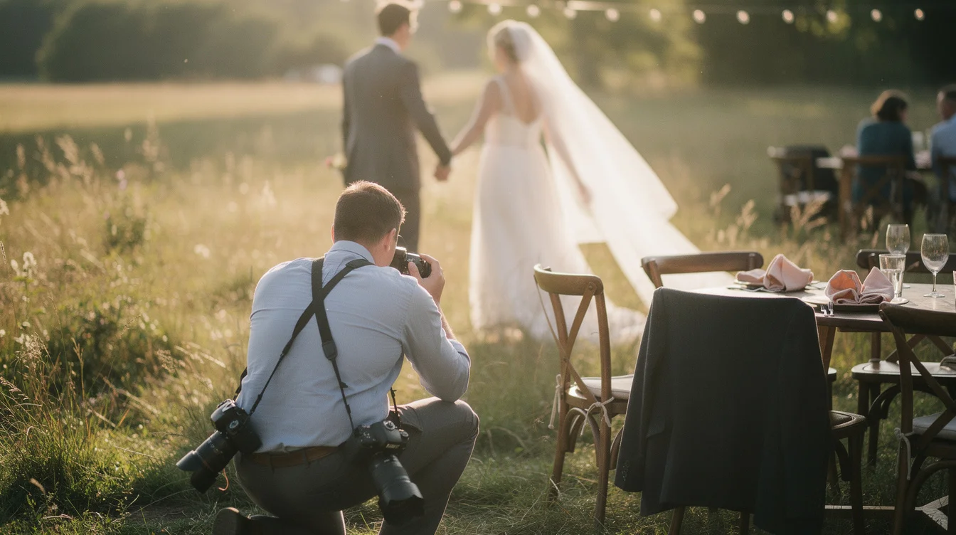 A wedding photographer reviewing and sorting digital photos on a laptop screen beside camera gear