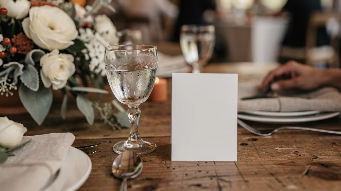 A small paper card standing beside wine glasses on a decorated wedding reception table.